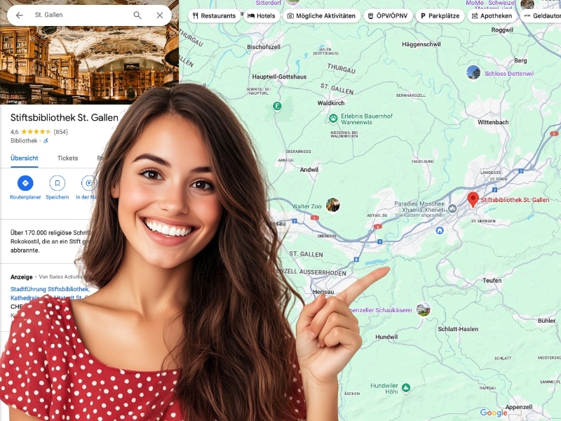 Lachende Frau mit Google Maps von der Stiftsbibliothek St. Gallen im Hintergrund