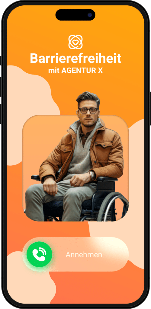 iPhone Telefonanruf für ein Erstgespräch für Barrierefreiheit mit einem lachenden Mann