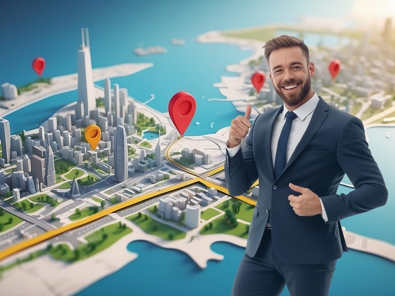 Lachender Mann im Anzug mit Google Maps Illustration im Hintergrund