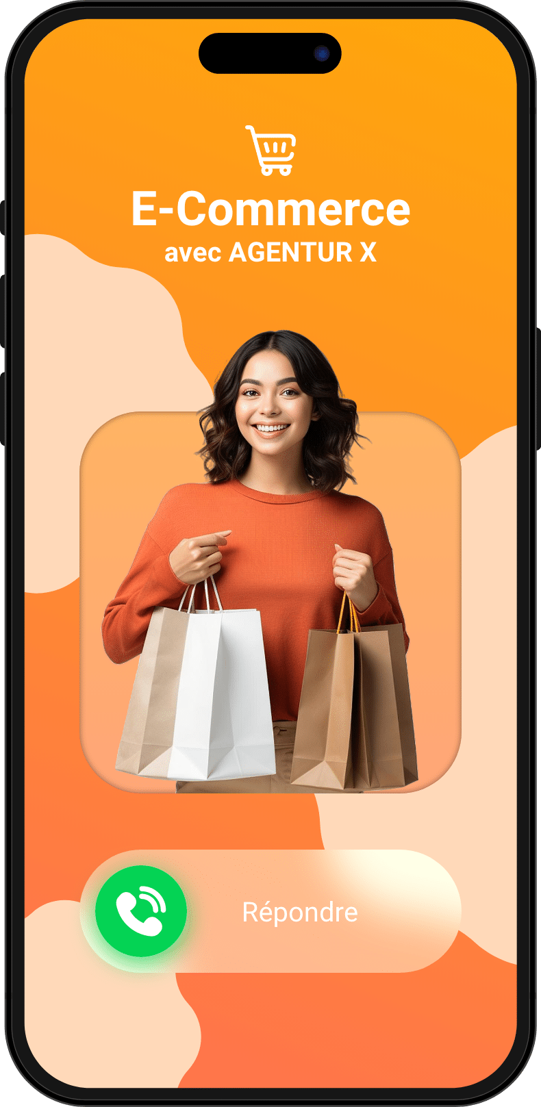 iPhone Telefonanruf für ein Erstgespräch für E-Commerce mit einer lachenden Frau