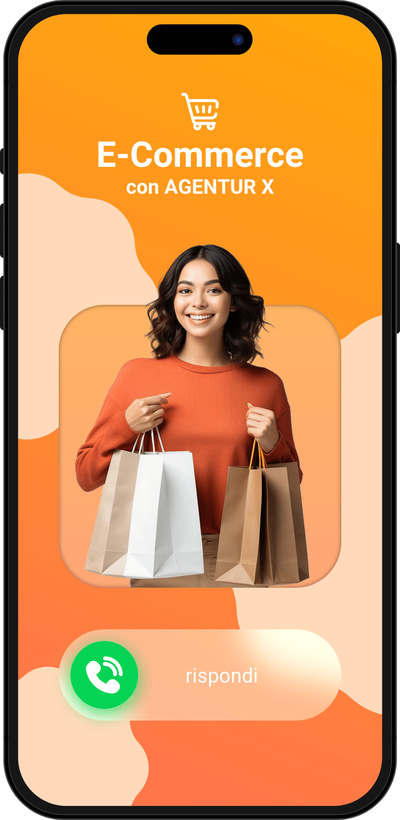 iPhone Telefonanruf für ein Erstgespräch für E-Commerce mit einer lachenden Frau