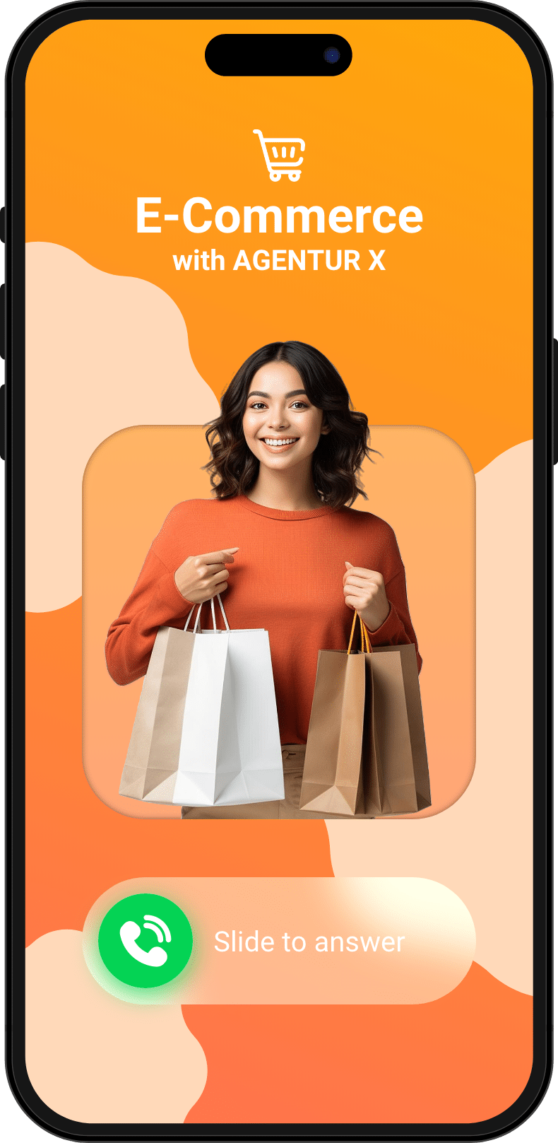 iPhone Telefonanruf für ein Erstgespräch für E-Commerce mit einer lachenden Frau
