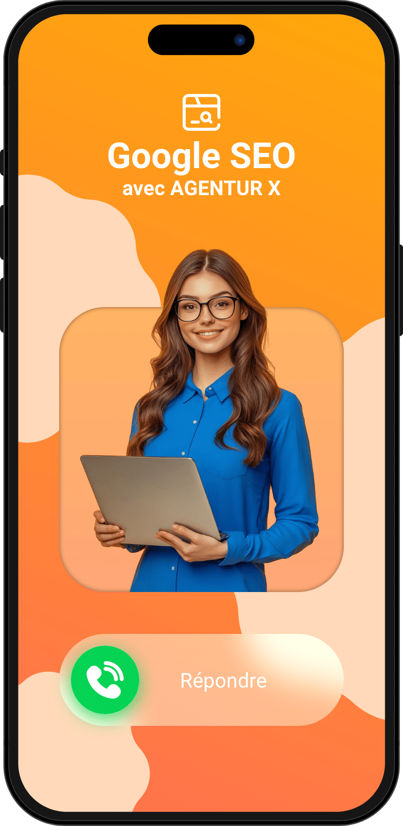 iPhone Telefonanruf für ein Erstgespräch für Google SEO mit einer lachenden Frau