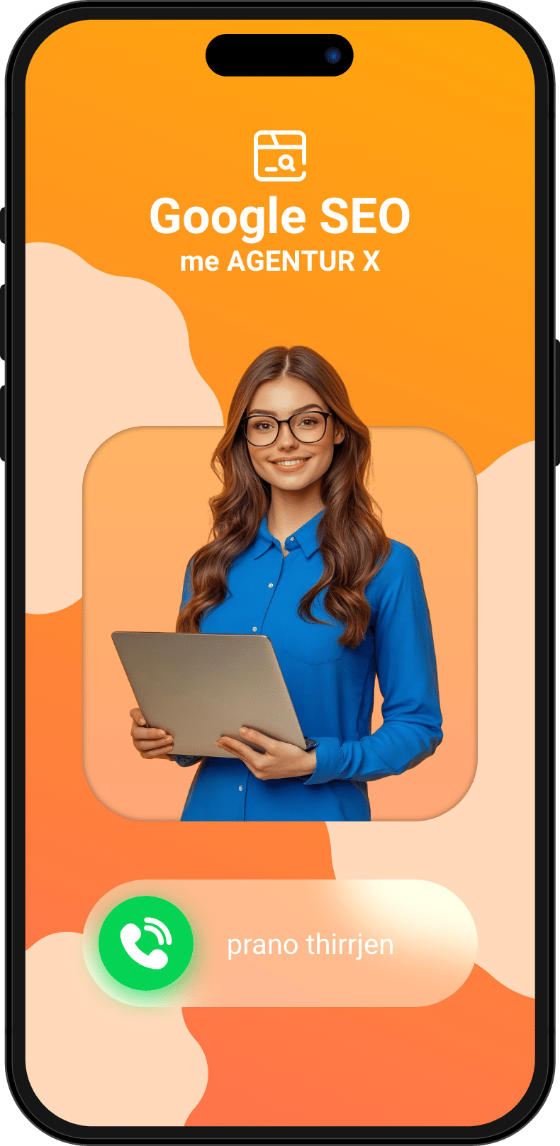 iPhone Telefonanruf für ein Erstgespräch für Google SEO mit einer lachenden Frau