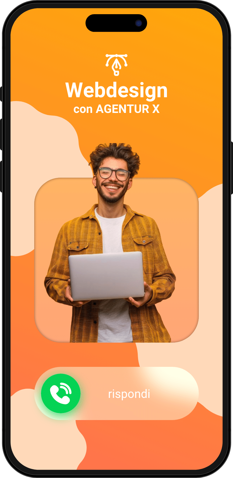 iPhone Telefonanruf für ein Erstgespräch für Webdesign mit einem lachenden Mann